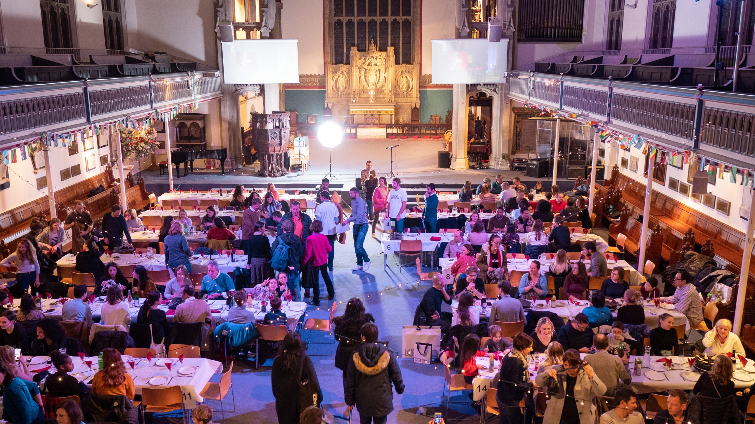 Visual aid: Aerial view of a food event in a church