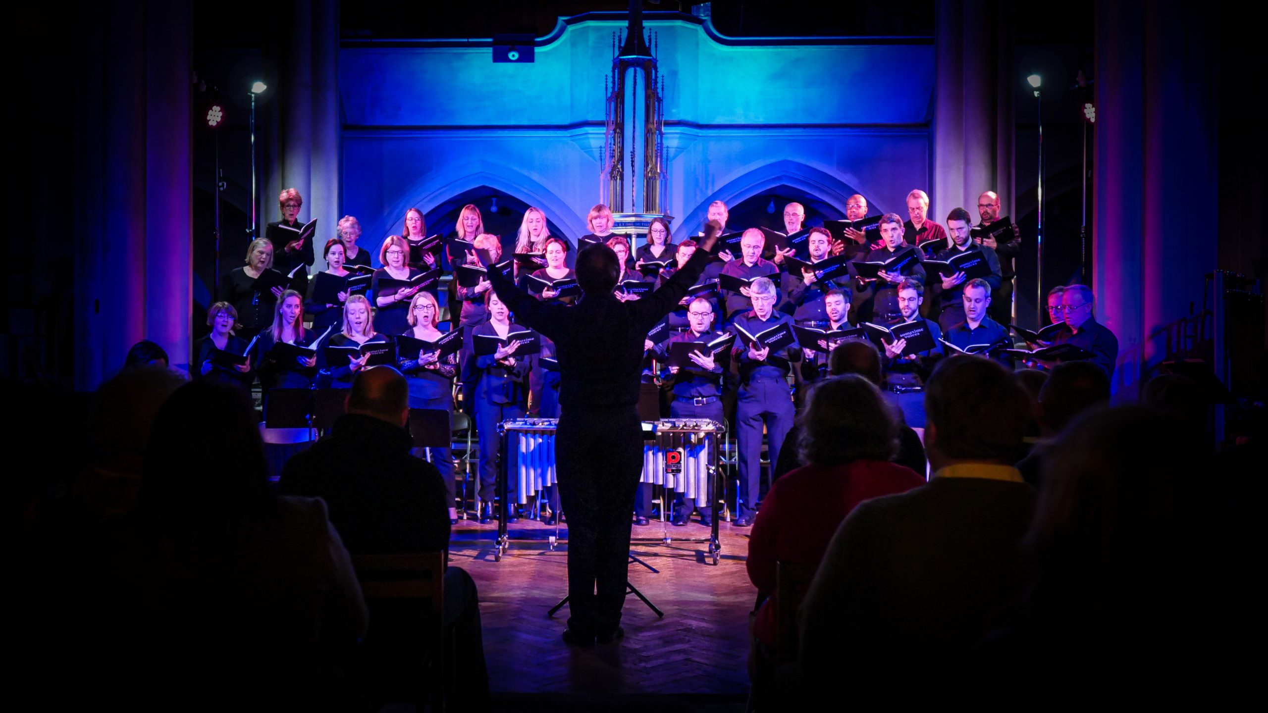 Visual aid: Choir and conductor with blue light in the background at a classical music concert in a church in London