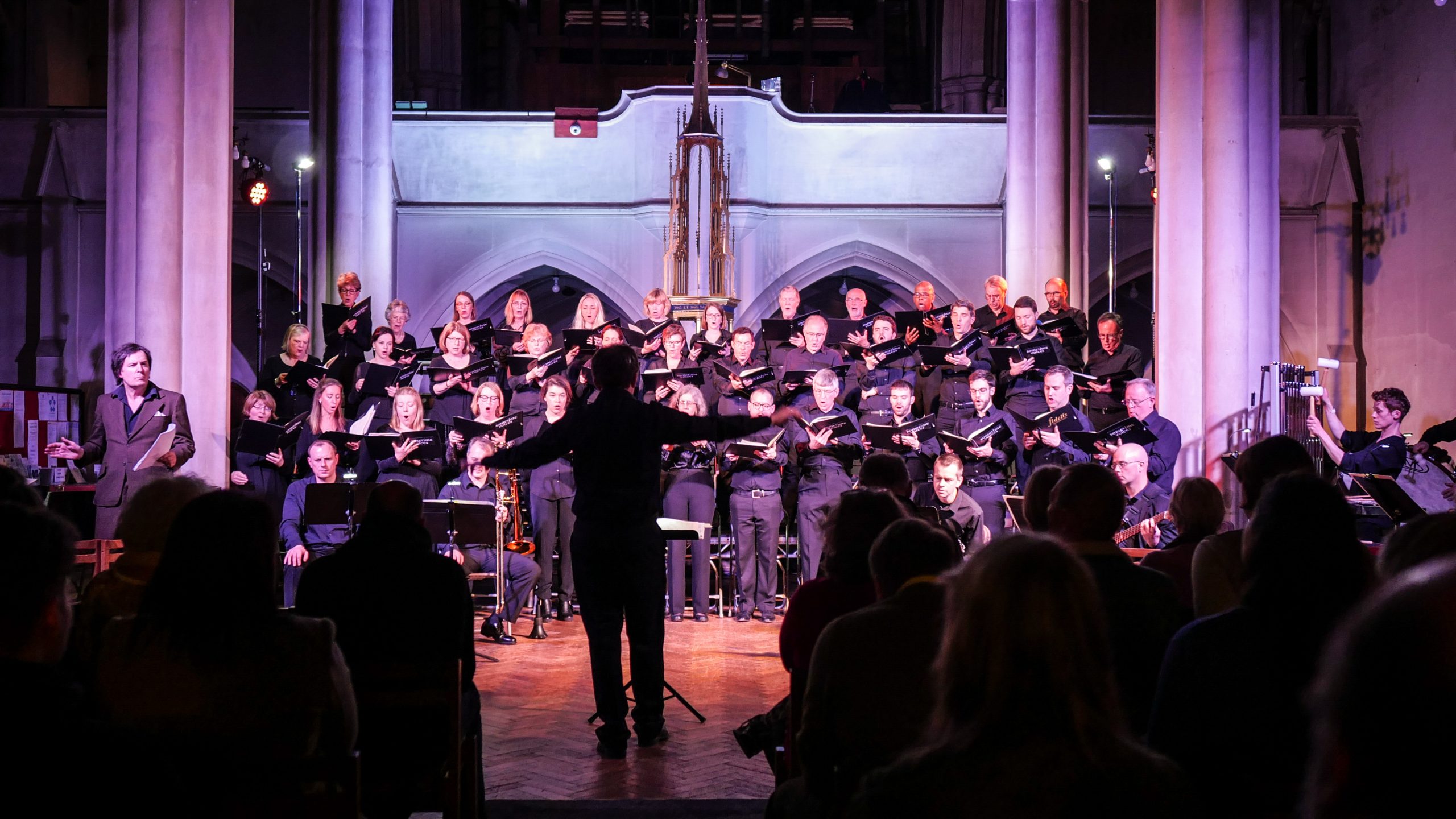 Visual aid: Choir and conductor at a classical music concert in a church in London - Pink light